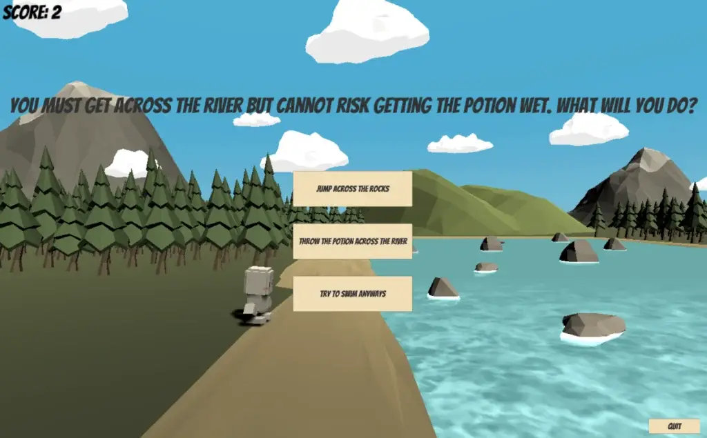 A video game character standing in front of a river with the text: "YOU MUST GET ACROSS THE RIVER BUT CANNOT RISK GETTING THE POTION WET. WHAT WILL YOU DO?"