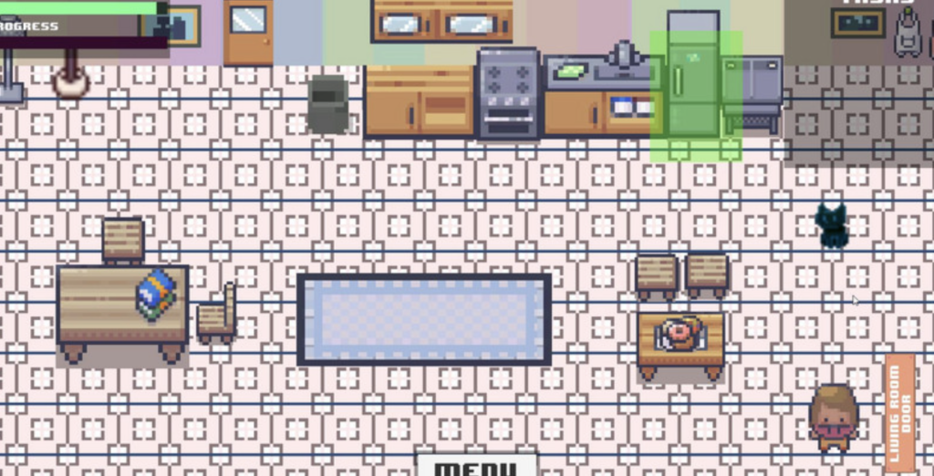 The image shows a view of a kitchen and dining room. The character has to complete chores. The refrigerator is highlighted green, showing that as one of the tasks.