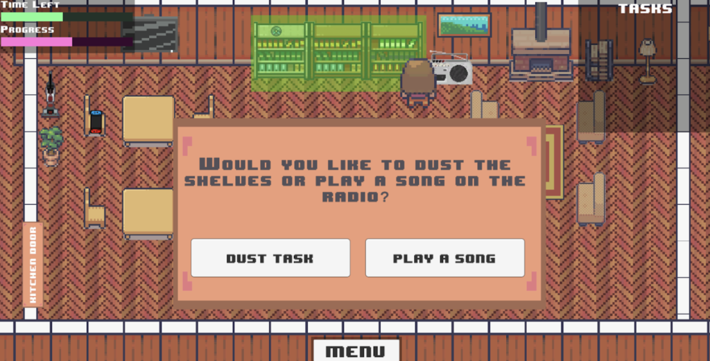 The screen asks a question followed by two options. Would you like to dust the shelves or play a song on the radio? The character is next to the shelves and the radio.