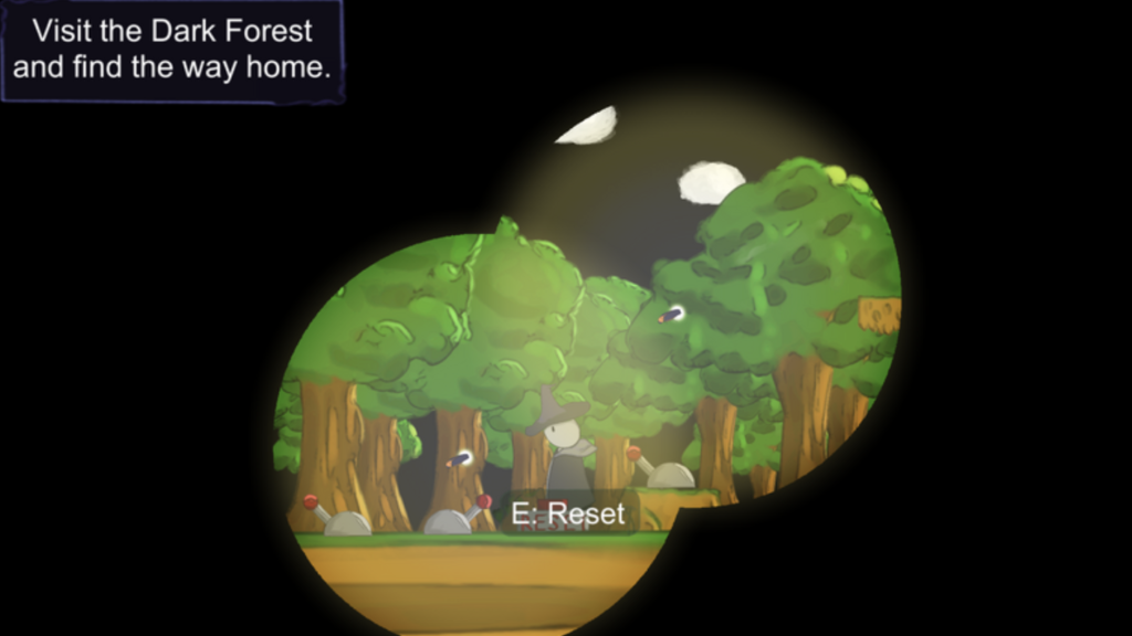 The screen says visit the dark forest and find a way home. E means reset. The screen also shows a binocular view of a forest with levers on the ground.