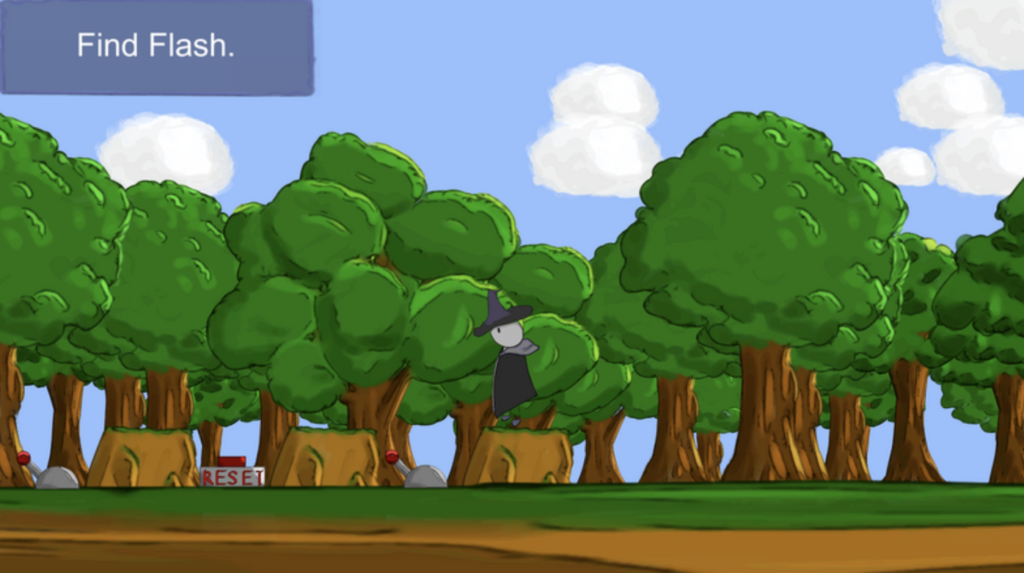 The screen says find Flash. There are trees, levers, and a reset button on the ground. The character is on a rock.