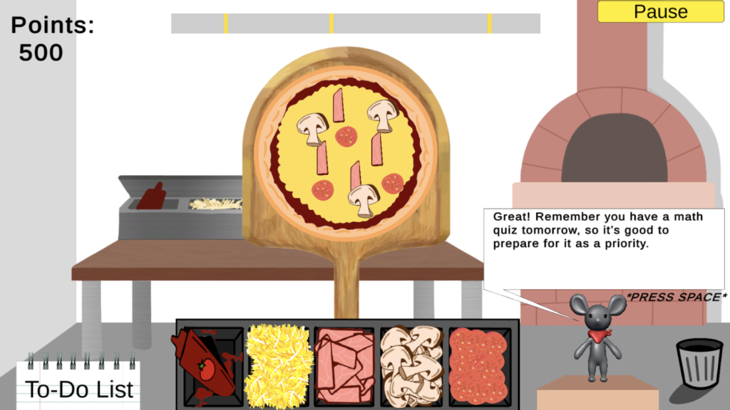 The screen says To-Do List. The setting is a pizzeria, with a mouse character saying Remember you have a math quiz tomorrow, so it's good to prepare for it as a priority. Points are at 500. There is a pizza on the screen with different toppings and topping options below it.