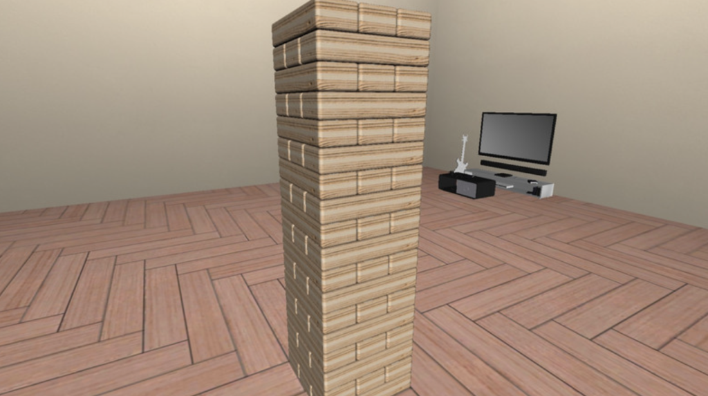 There is a stack of Jenga on the screen. Wooden blocks are arranged in a tower.