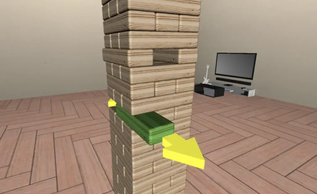A video game representation of Jenga with a piece being taken out