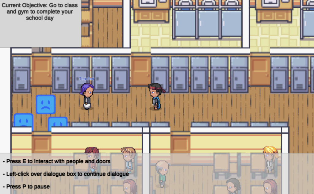 The screen shows another game in a school setting. The screen says current objective: go to class and gym to complete your school day. Press E to interact with people and doors, left click over dialogue box to continue dialogue, press P to pause. A kid is walking towards someone in the hallway by lockers.