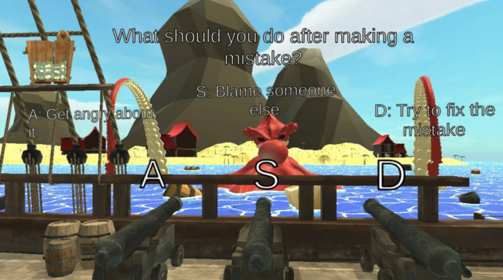 There is an octopus outside in the ocean, the view is from inside the ship in front of cannons that are facing the octopus. There are options on the screen for "What should you do after making a mistake?" A get angry about it, S blame someone else, D try to fix the mistake.