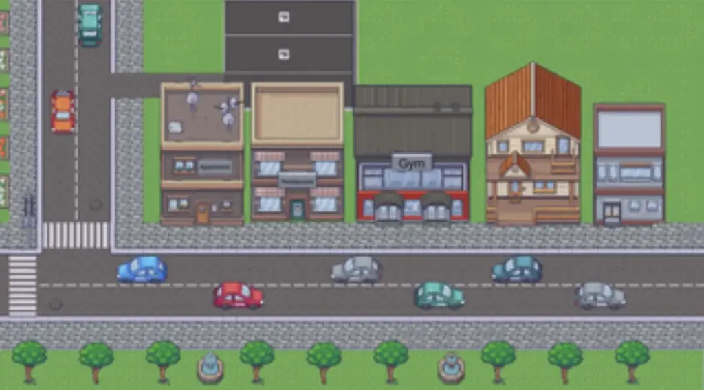A video game city and road with cars