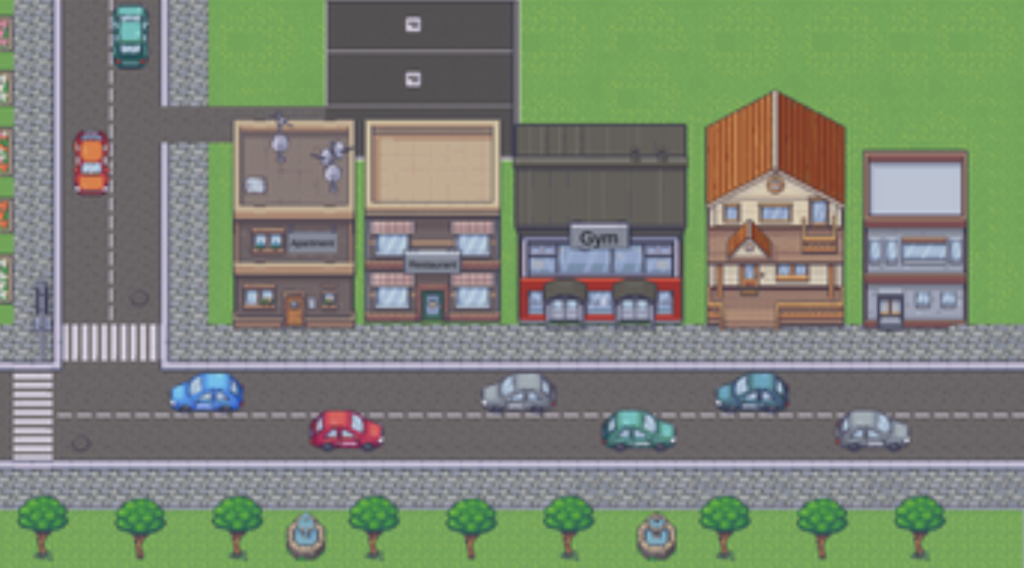 There is a city shown on the screen from one of the games. There are five different buildings, and cars driving on the street by them. Trees and fountains are also on the screen.