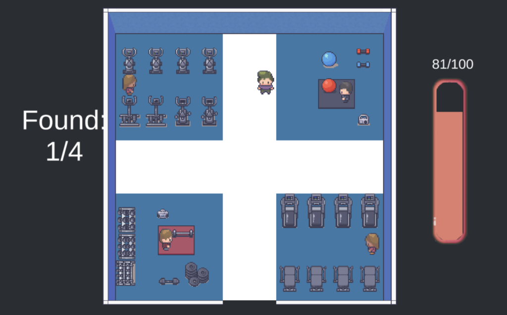 A finding game is on the screen. There is a gym with people in it. They have to find 3 more objects, they found 1 already. There is a bar on the right that says 81/100.