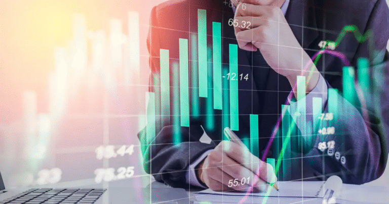 Person analyzing digital financial charts and bar graphs representing stock market trends.