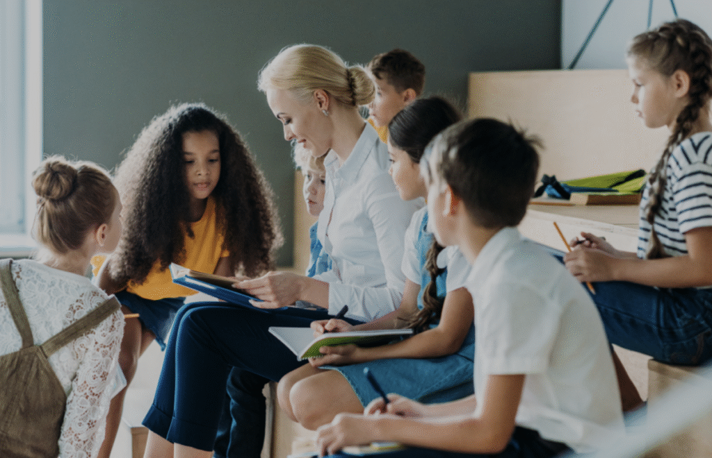 Teacher guiding students in a classroom during a social and emotional learning activity